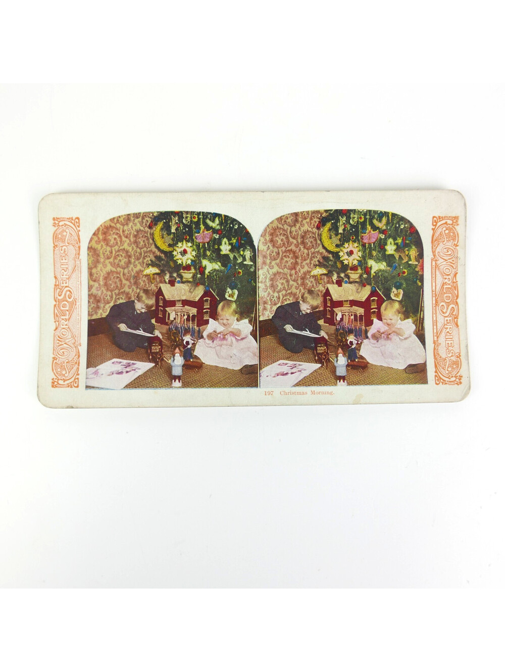 Antique Stereoview Card 197 Christmas Morning World Series Kids Dollhouse Toys